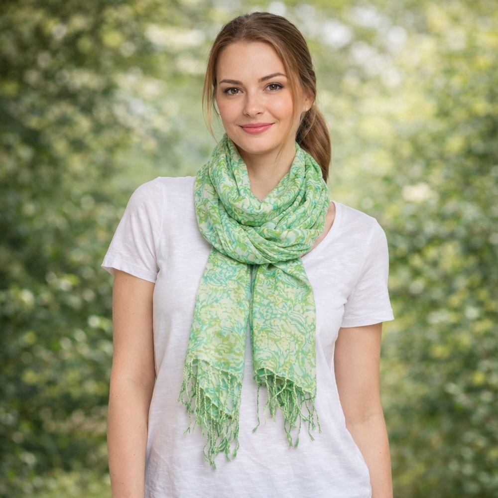 Mint Green Splash Art Floral Leaf Scarf w/ Fringe 100% Viscose